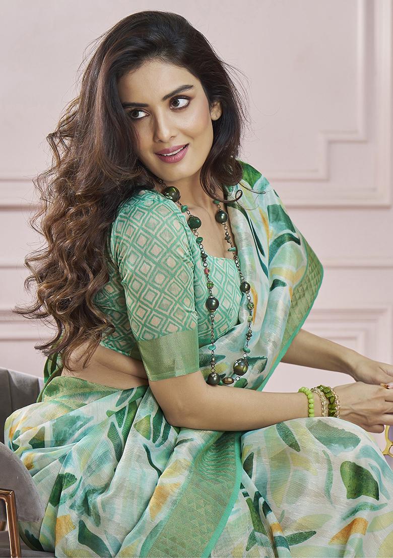 Green Digital Print Silk Sarees