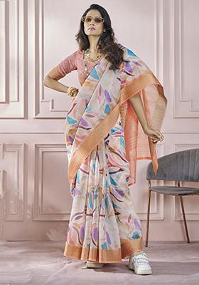 Orange Digital Print Silk Sarees