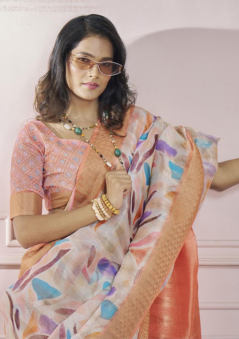 Orange Digital Print Silk Sarees