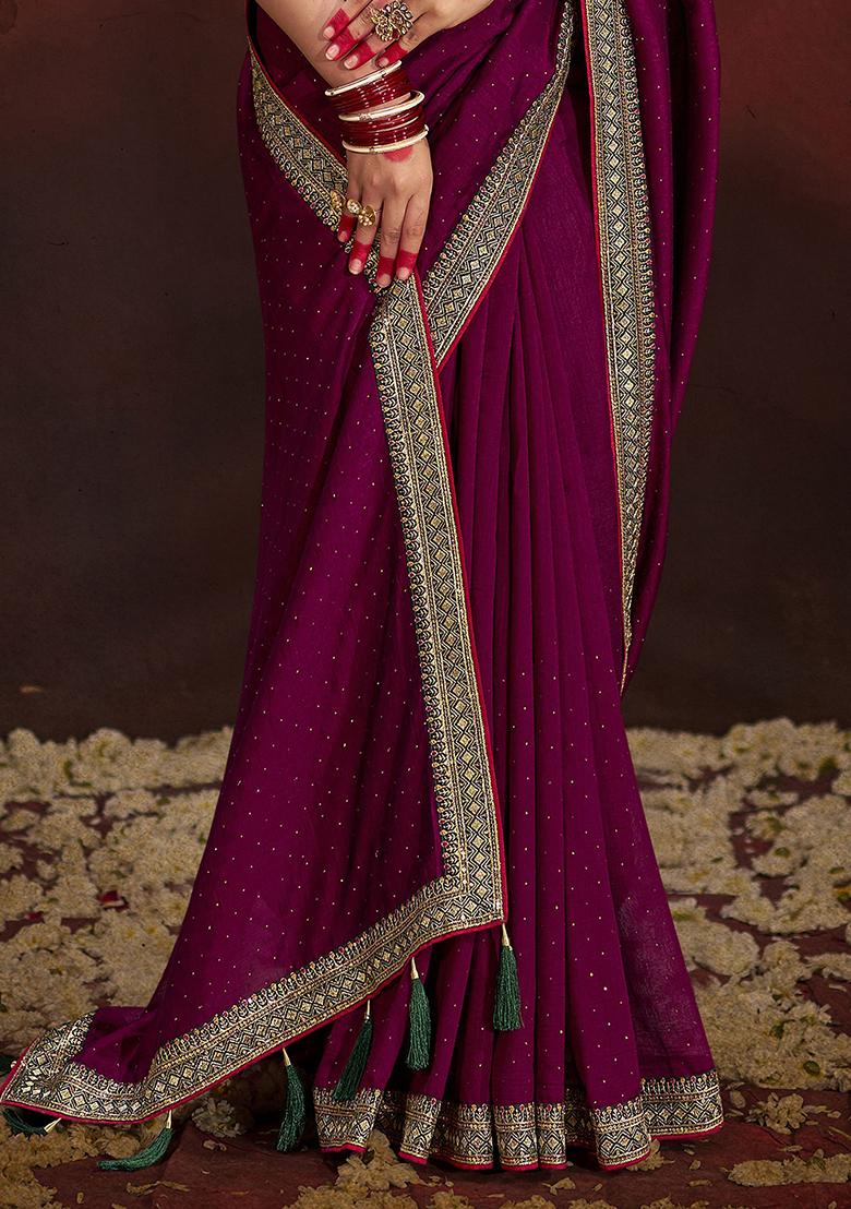 Wine Lace Work Silk Sarees