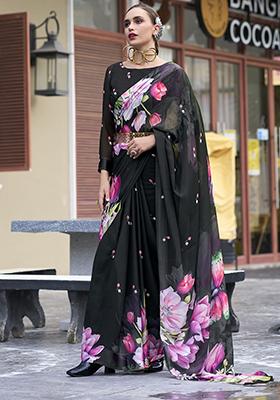 Black Floral Print Georgette Sarees