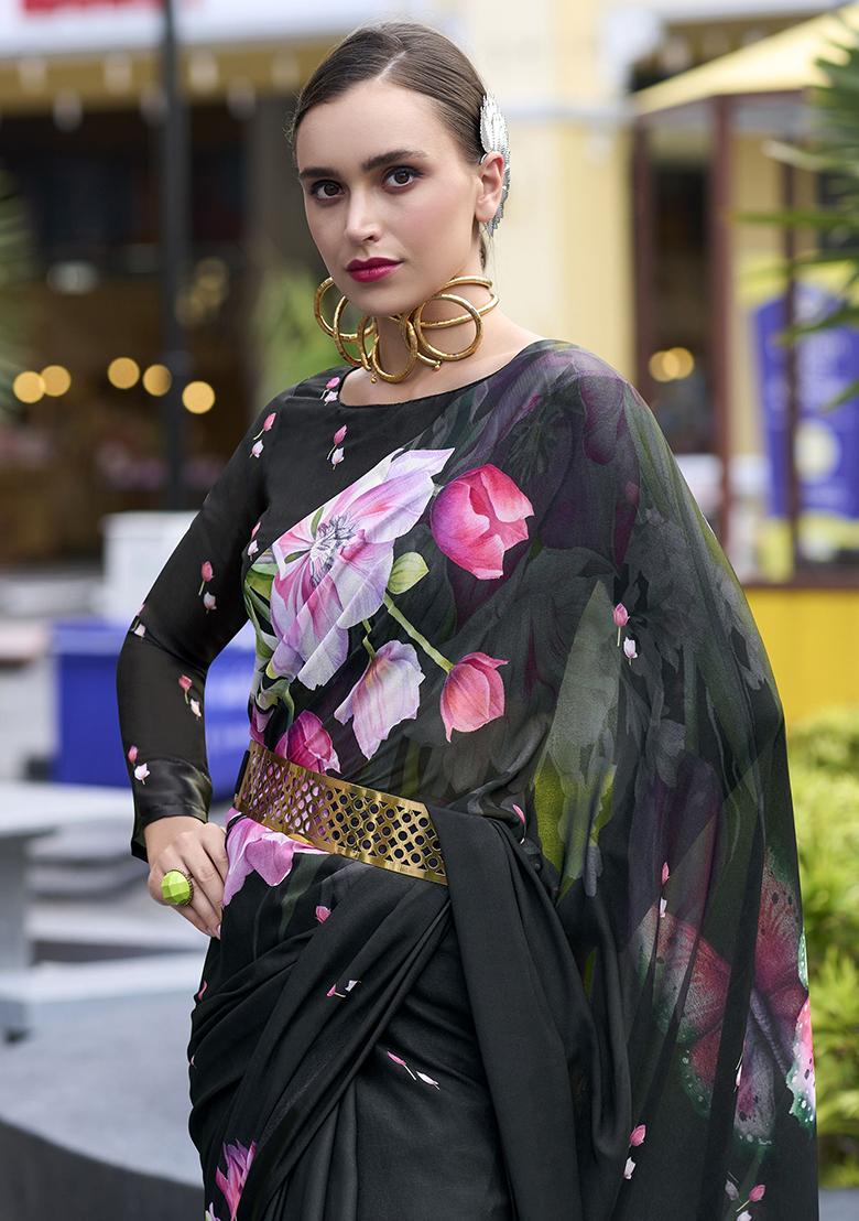 Black Floral Print Georgette Sarees