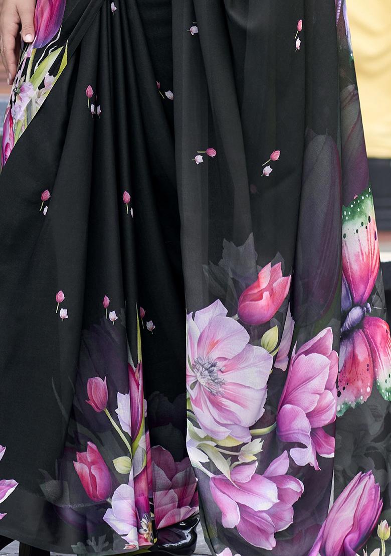 Black Floral Print Georgette Sarees