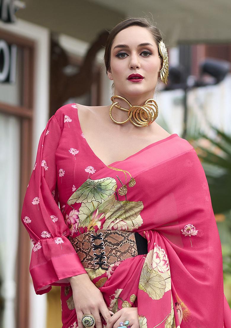 Pink Floral Print Georgette Sarees