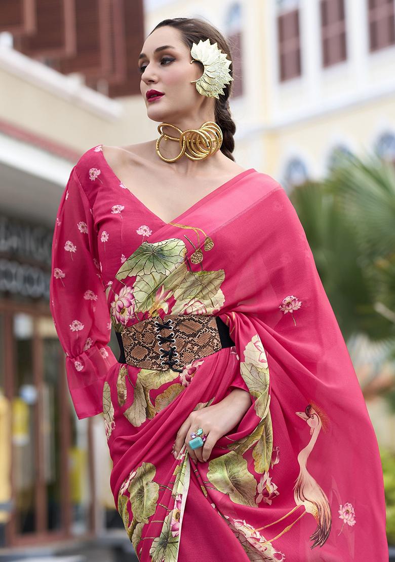 Pink Floral Print Georgette Sarees