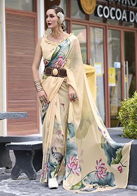Beige Floral Print Georgette Sarees