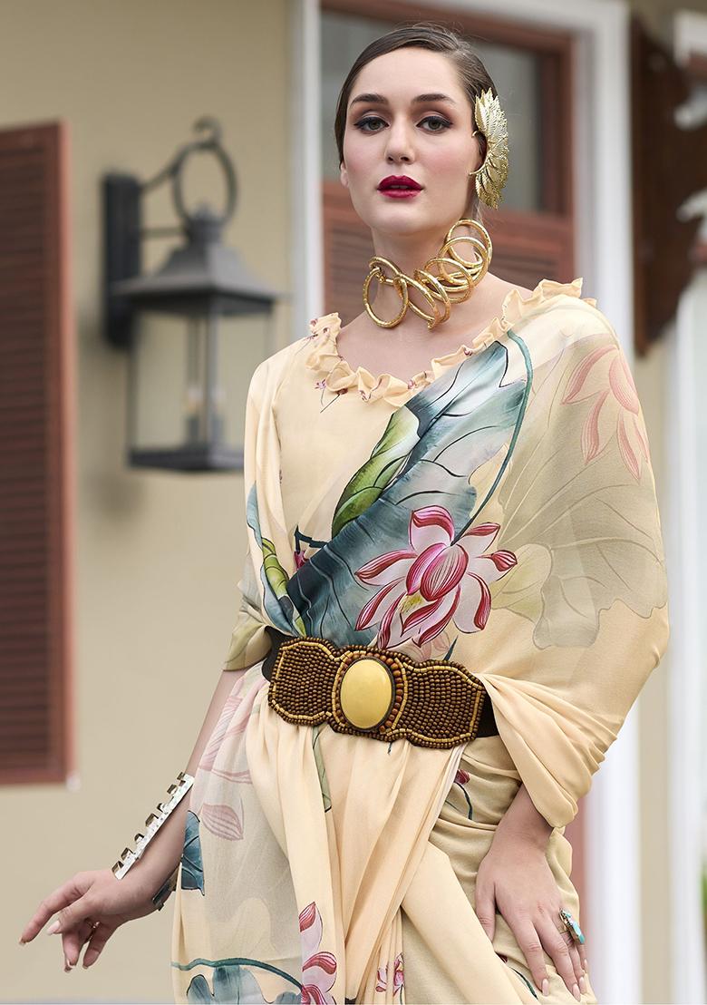Beige Floral Print Georgette Sarees