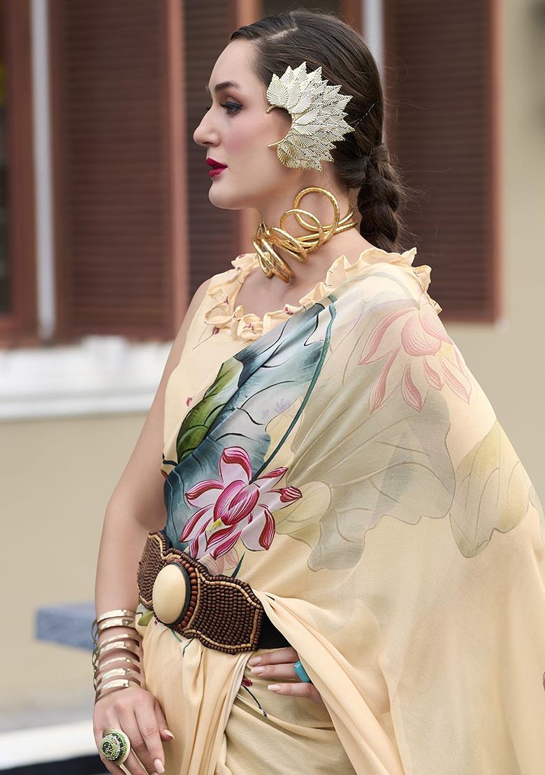 Beige Floral Print Georgette Sarees