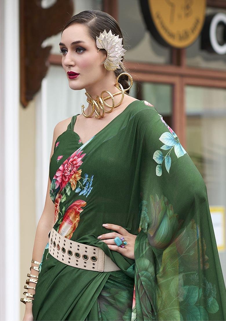 Green Floral Print Georgette Sarees