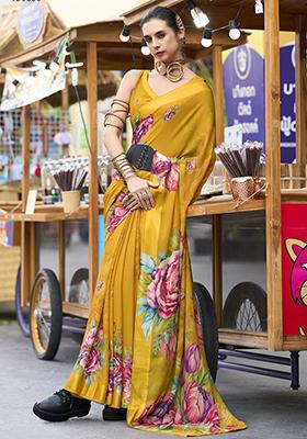 Yellow Floral Print Georgette Sarees