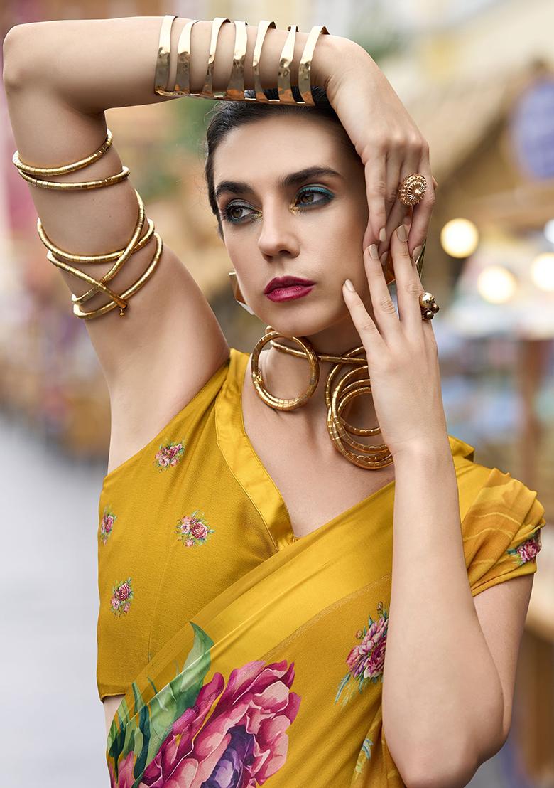Yellow Floral Print Georgette Sarees