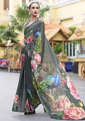 Grey Floral Print Georgette Sarees