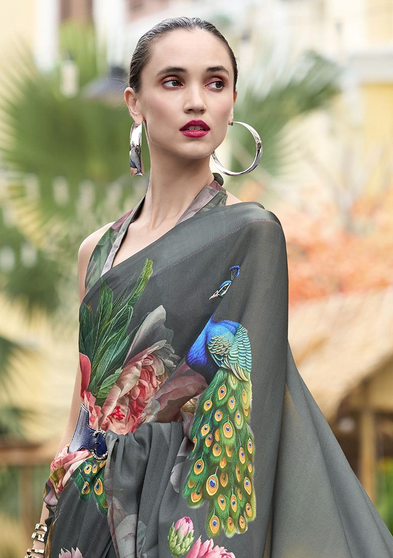 Grey Floral Print Georgette Sarees