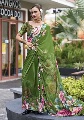 Green Floral Print Georgette Sarees