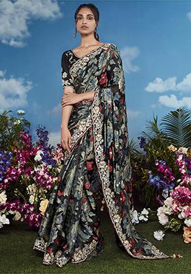 Black Floral Print Brasso Sarees