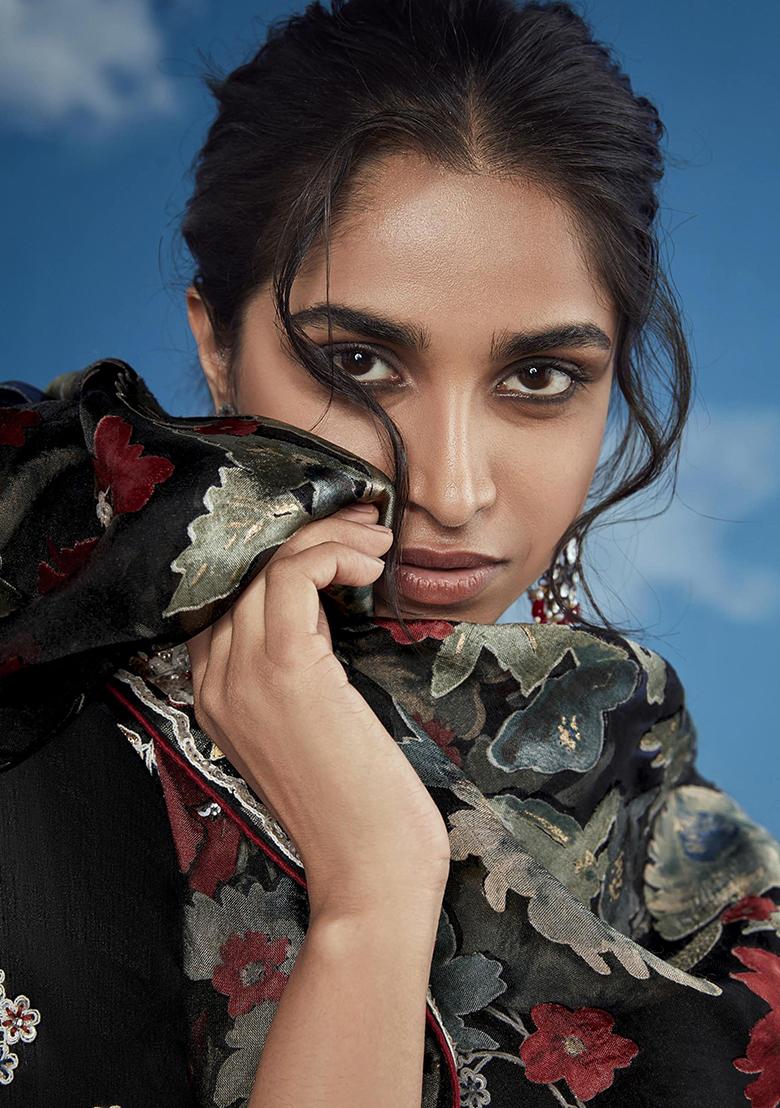 Black Floral Print Brasso Sarees