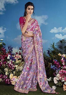 Lavender Floral Print Brasso Sarees