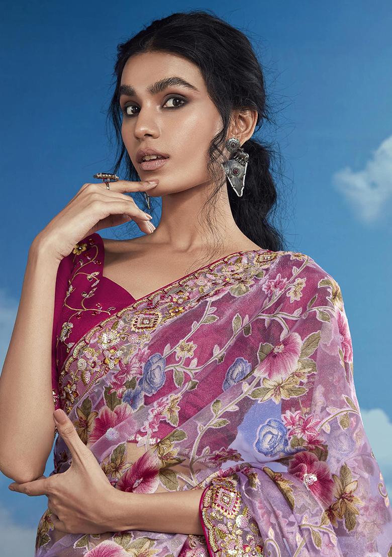 Lavender Floral Print Brasso Sarees