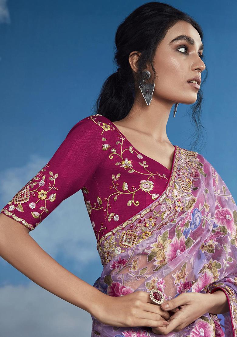 Lavender Floral Print Brasso Sarees