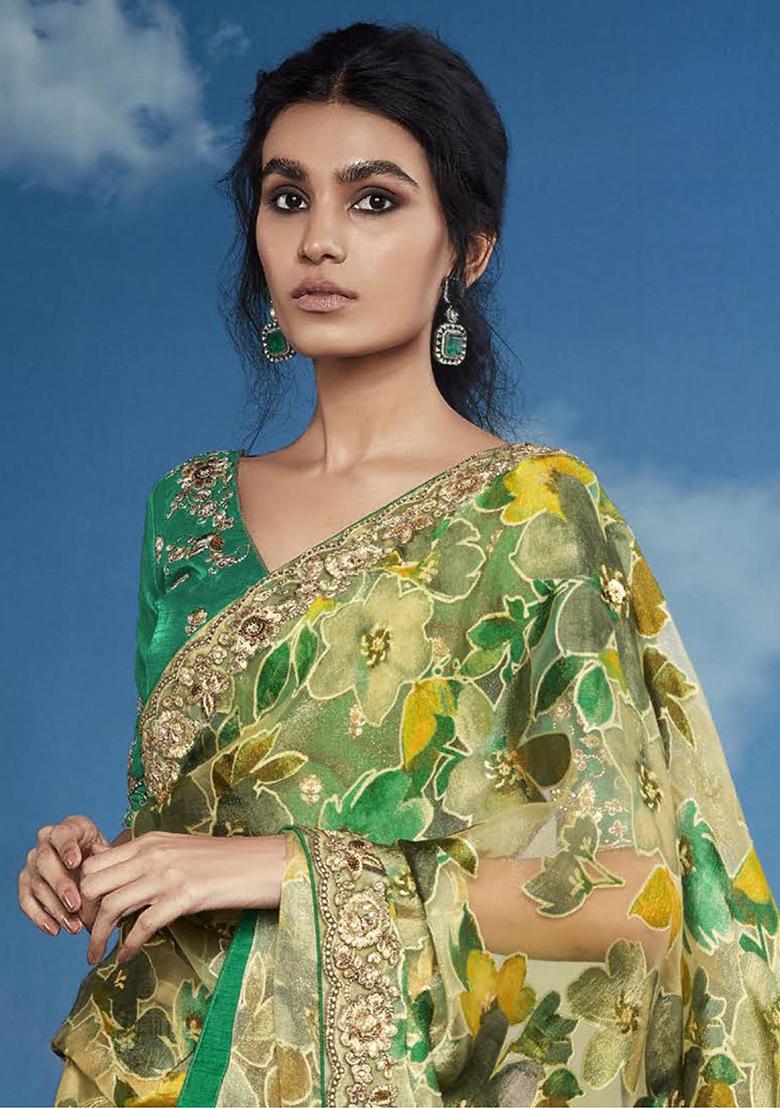 Yellow Sequin Embroidered Brasso Sarees