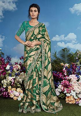 Green Floral Print Brasso Sarees