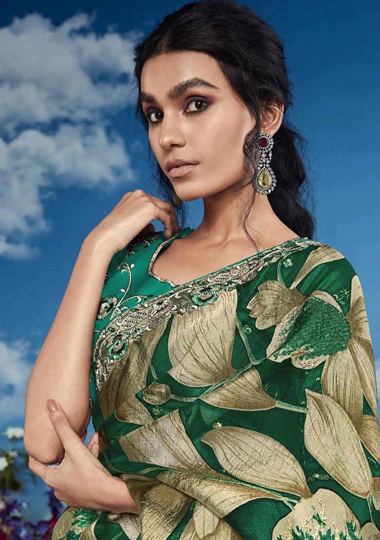 Green Floral Print Brasso Sarees