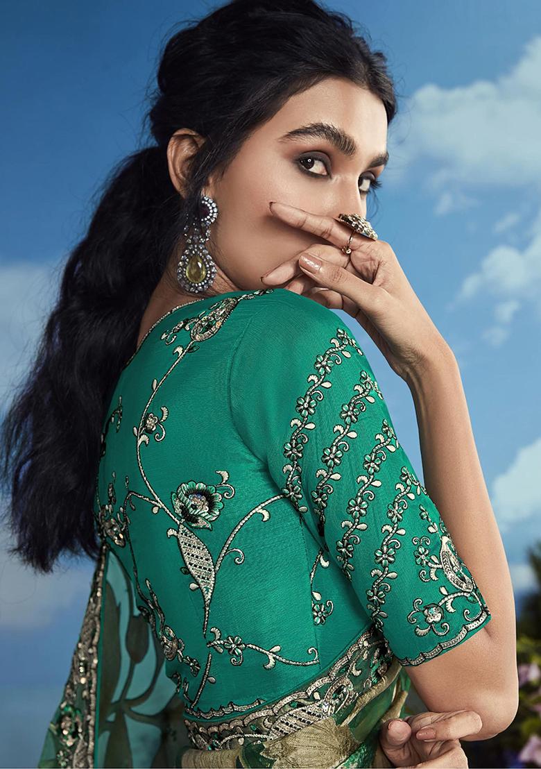 Green Floral Print Brasso Sarees