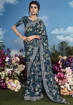 Blue Floral Print Brasso Sarees