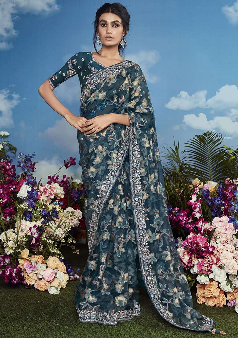 Blue Floral Print Brasso Sarees - Indya