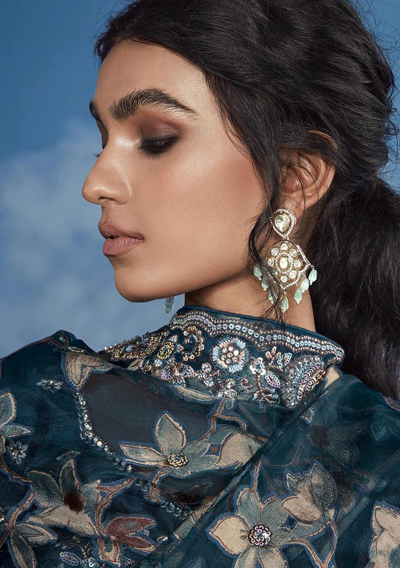 Blue Floral Print Brasso Sarees