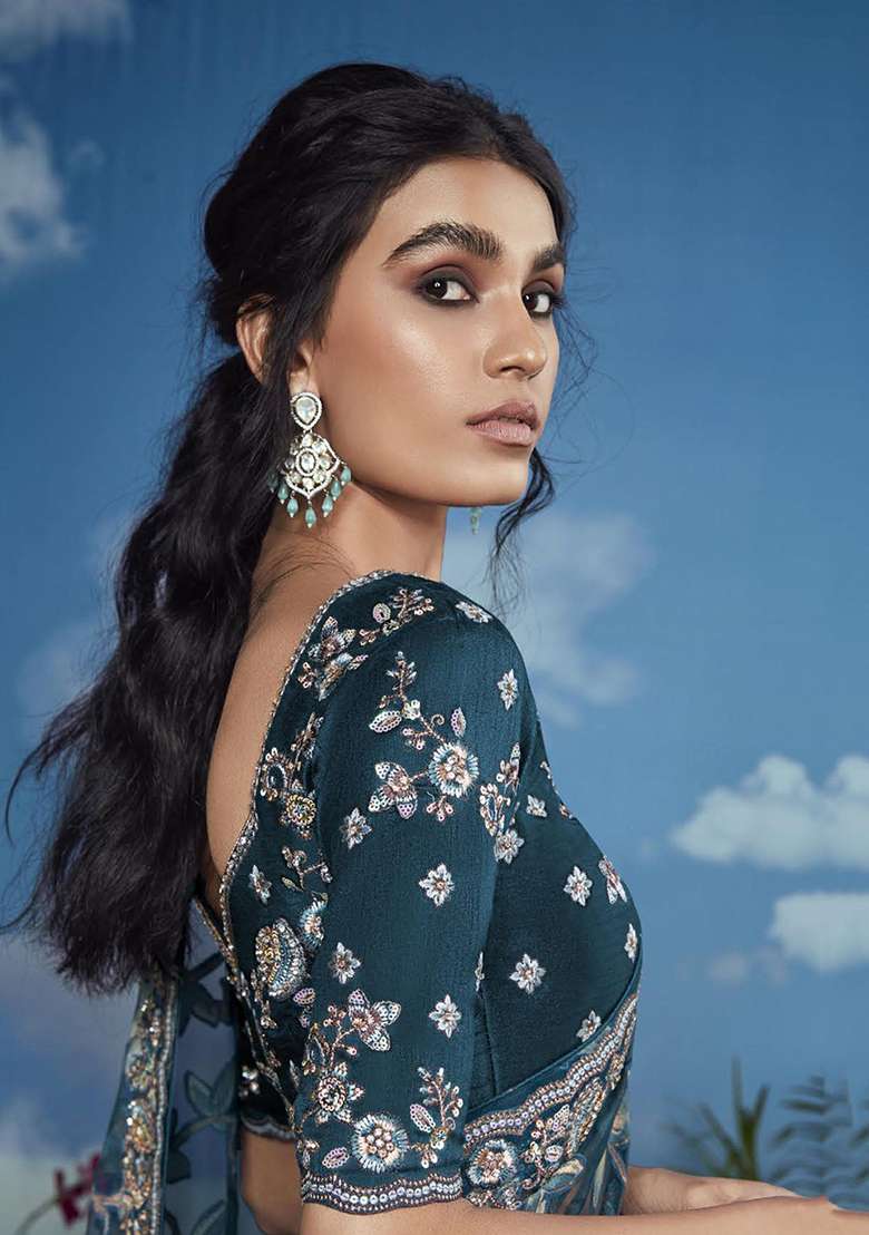 Blue Floral Print Brasso Sarees - Indya