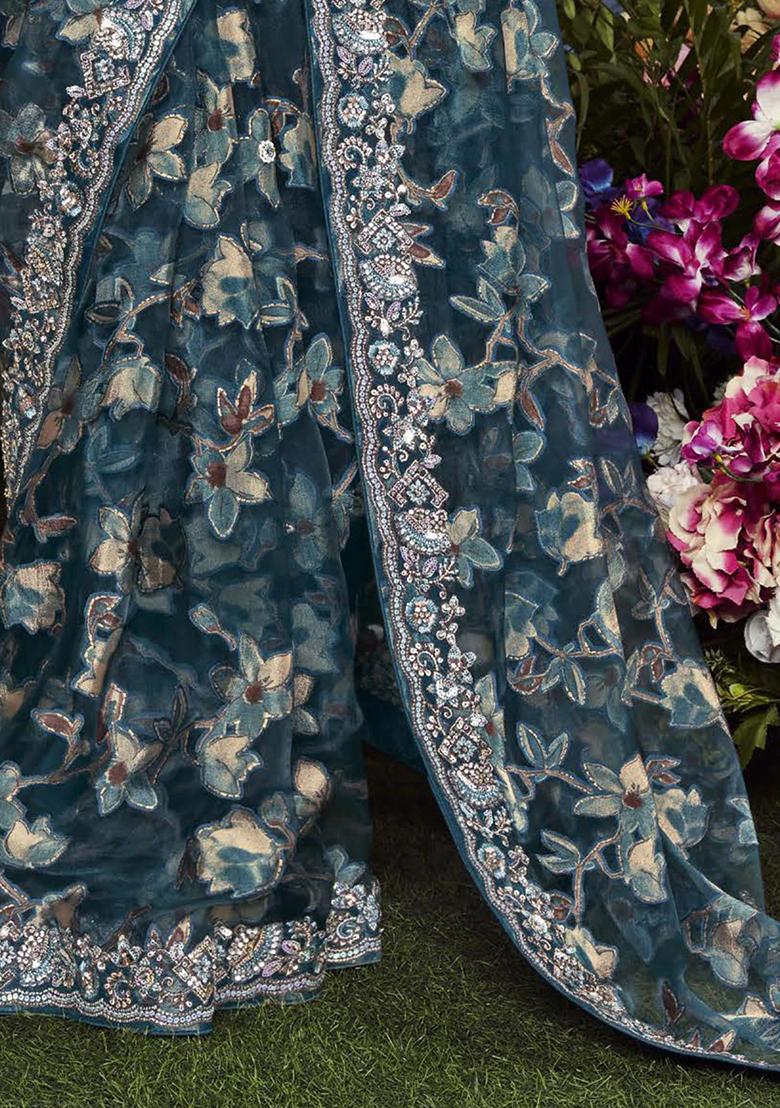 Blue Floral Print Brasso Sarees