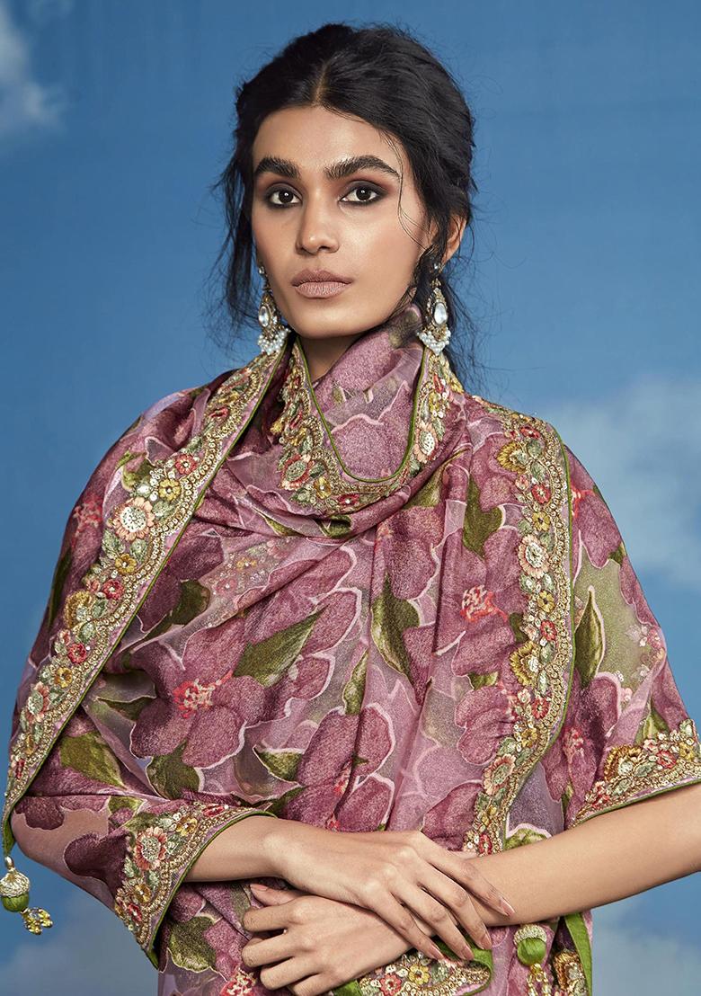 Purple Sequin Embroidered Brasso Sarees
