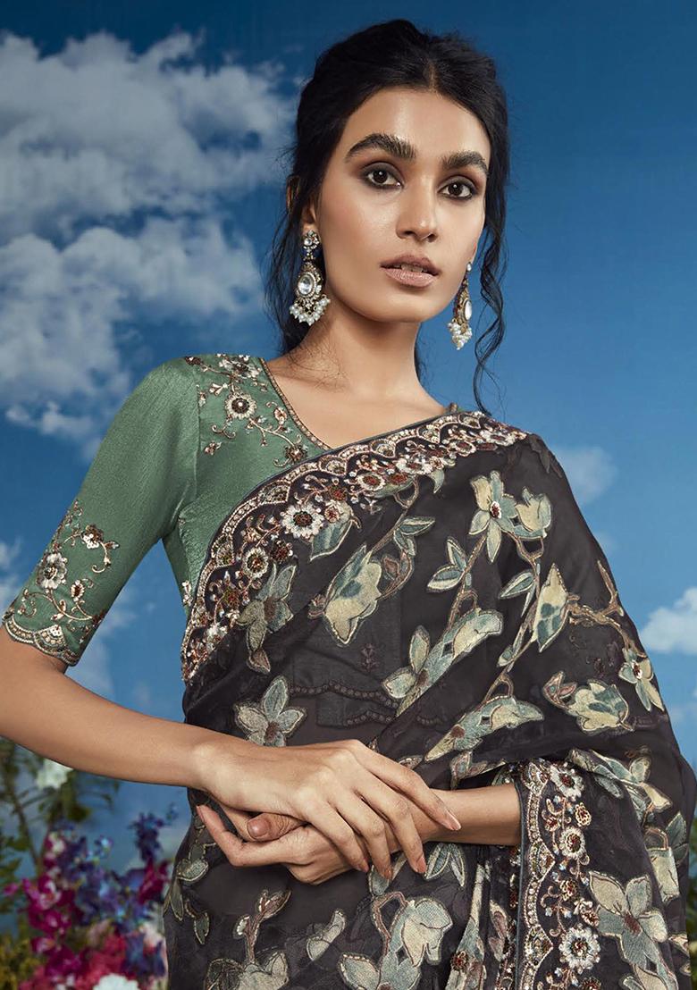 Black Sequin Embroidered Brasso Sarees