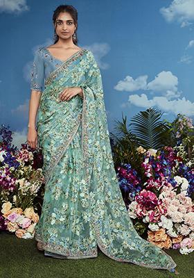 Green Floral Print Brasso Sarees