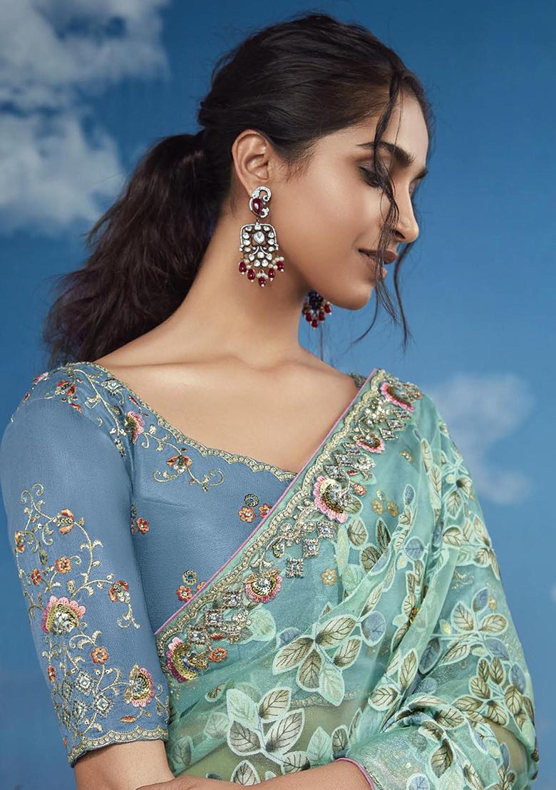 Green Floral Print Brasso Sarees