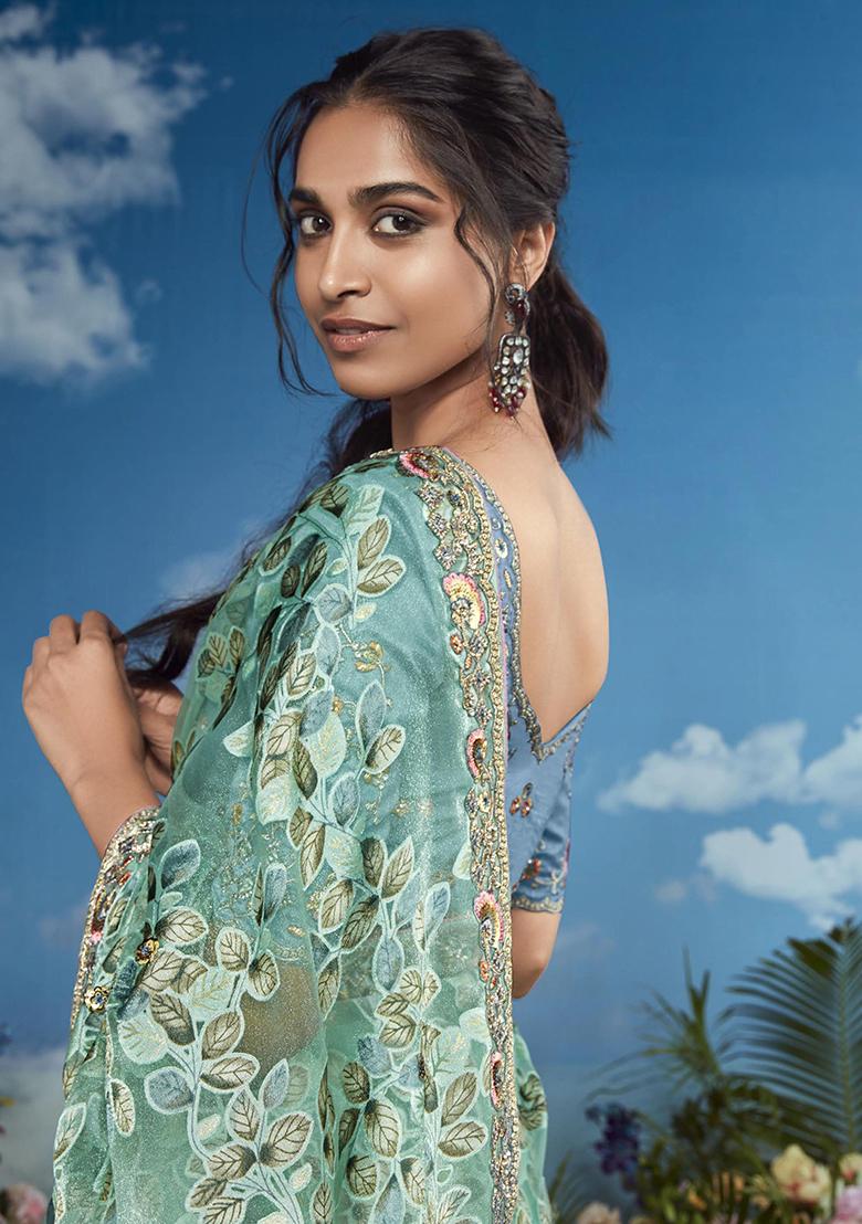 Green Floral Print Brasso Sarees