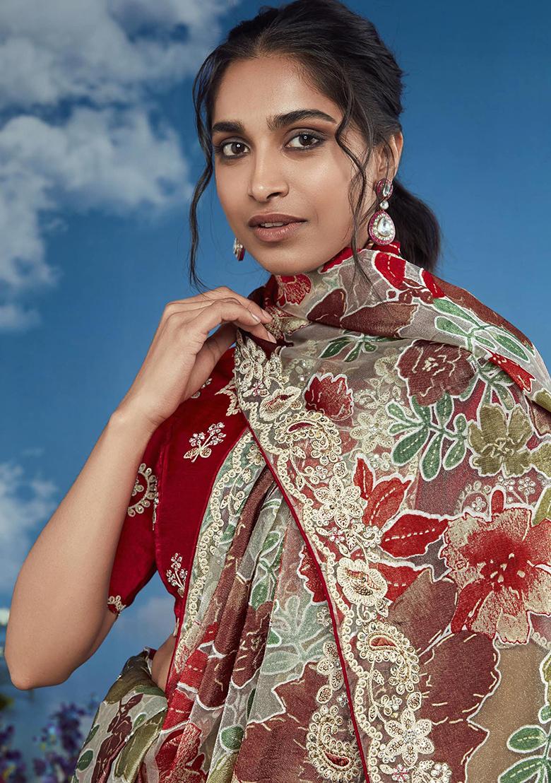 Multicolour Floral Print Brasso Sarees