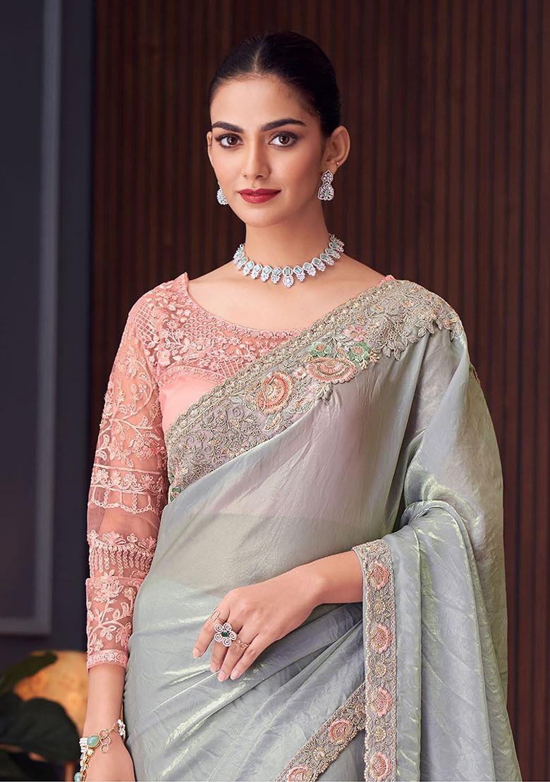 Blue Embroidered Satin Sarees