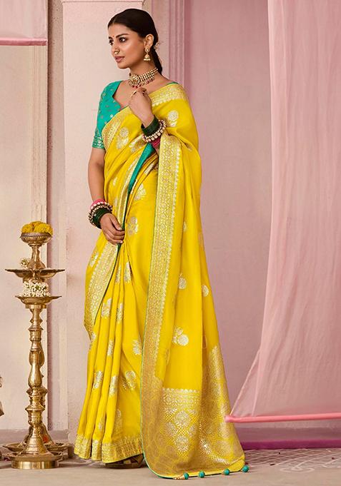Yellow Zari Weaving Silk Blend Sarees