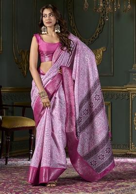 Pink Foil Print Silk Sarees