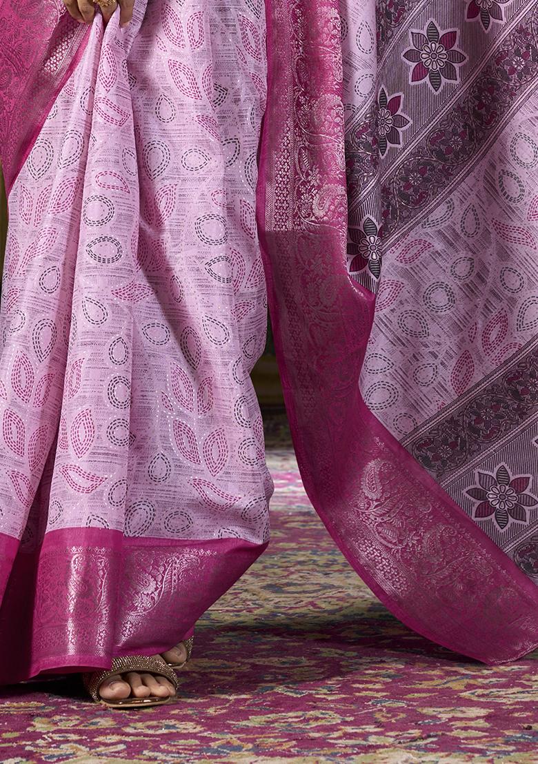 Pink Foil Print Silk Sarees