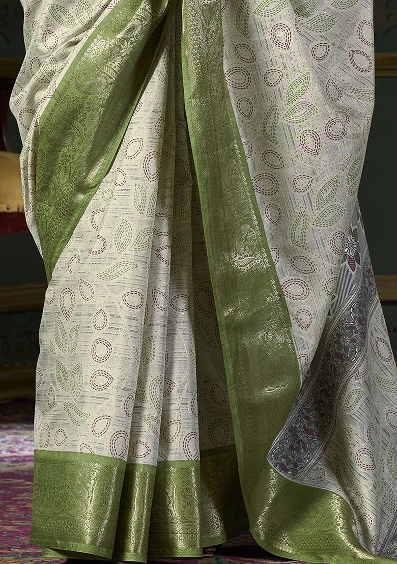 Green Foil Print Silk Sarees
