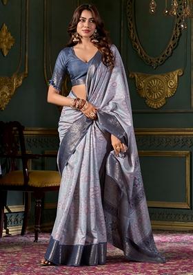 Blue Foil Print Silk Sarees