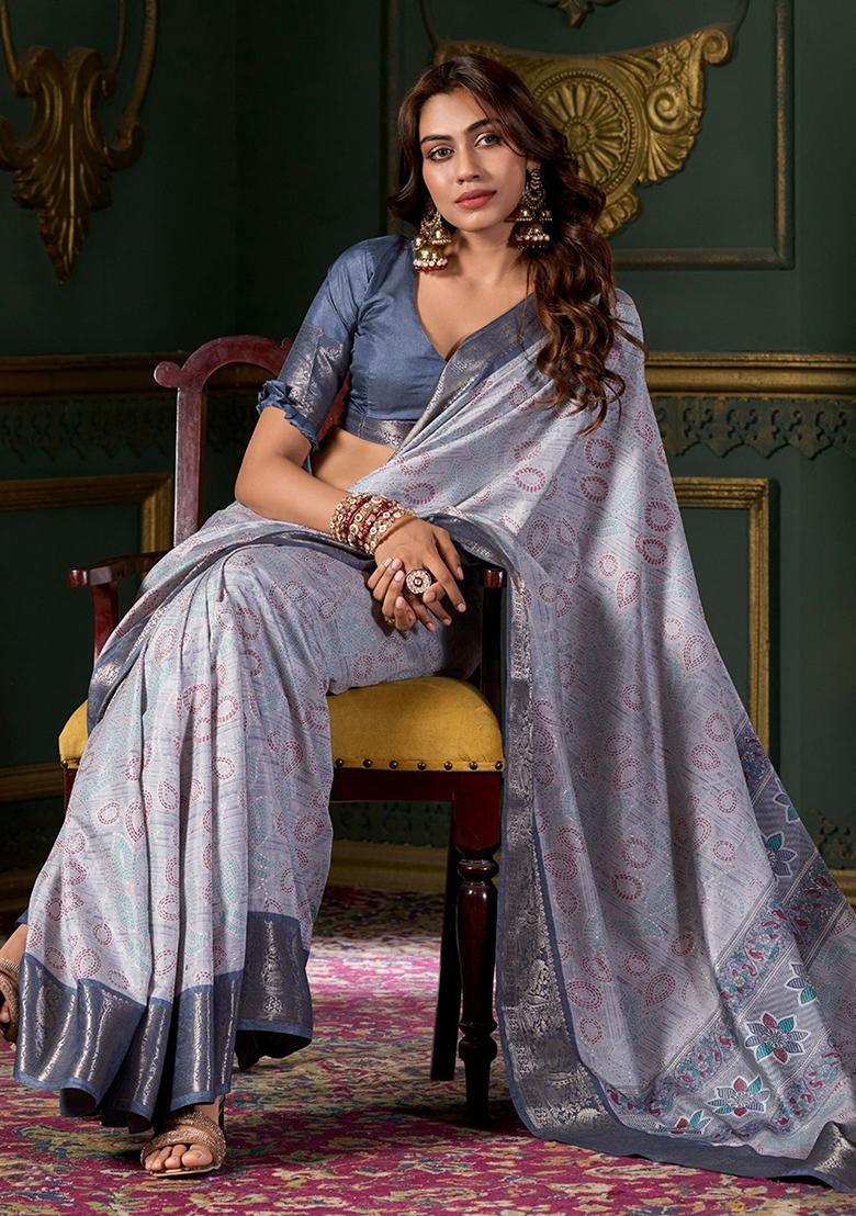 Blue Foil Print Silk Sarees