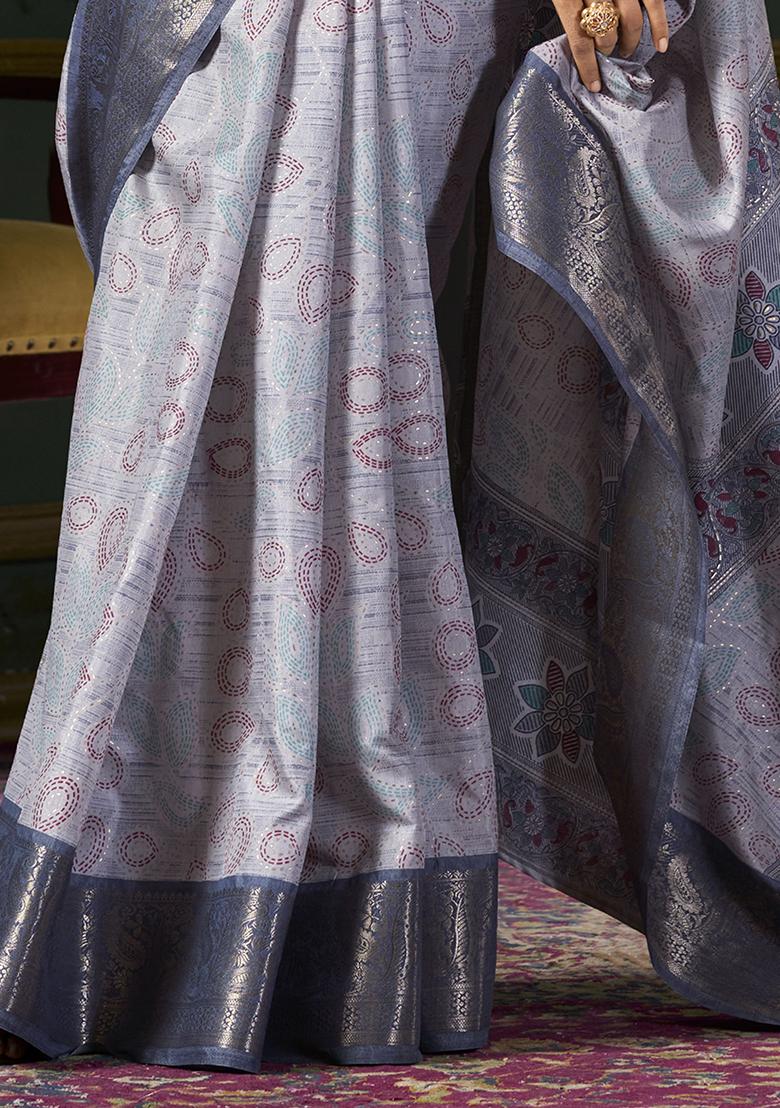 Blue Foil Print Silk Sarees