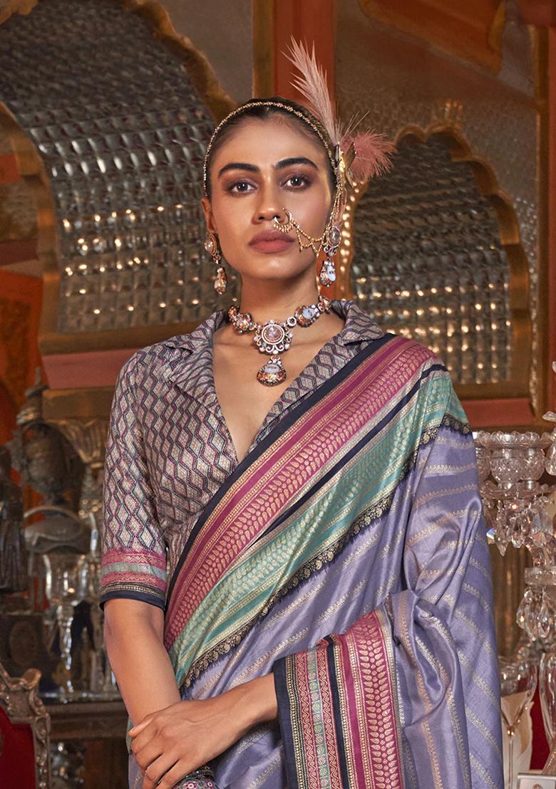 Lavender Zari Weaving Silk Sarees