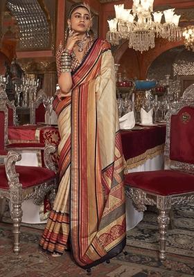 Cream Zari Weaving Silk Sarees