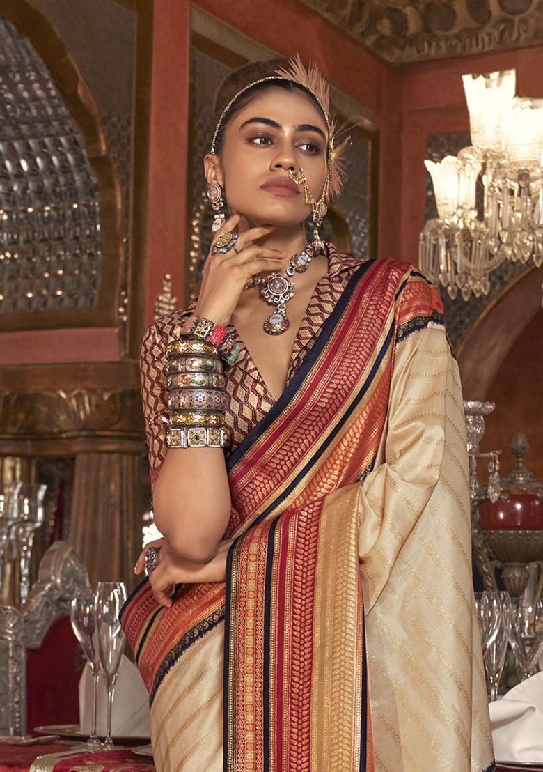 Cream Zari Weaving Silk Sarees