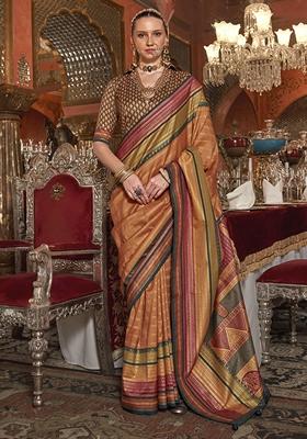 Orange Zari Weaving Silk Sarees